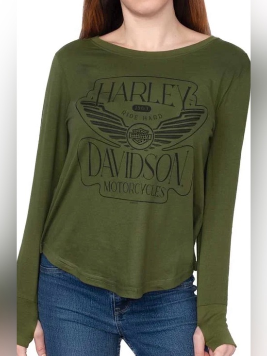 Harley-Davidson Tops - Harley-Davidson Olive Green Long Sleeve Logo Top